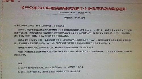陕煤建设天工公司入选2016—2017年度陕西省建筑施工企业信用评级复评合格企业名单