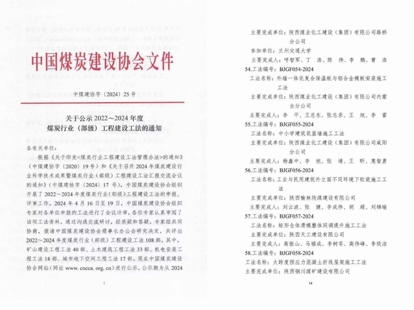 陕煤建设榆林公司喜获省部级工程建设工法