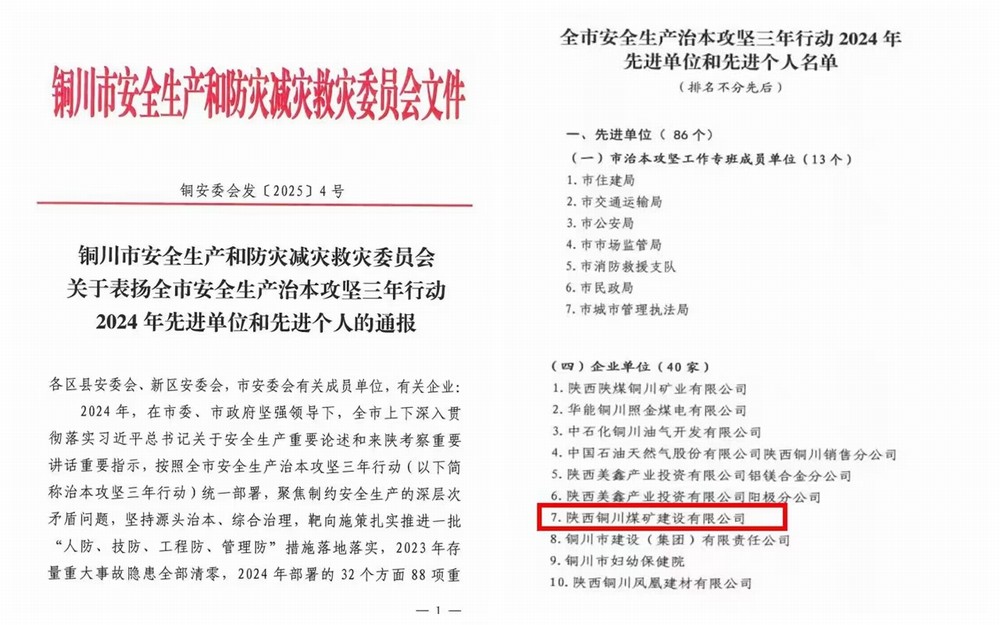 喜报！陕煤建设铜煤公司获评“铜川市安全生产治本攻坚三年行动2024年先进单位”